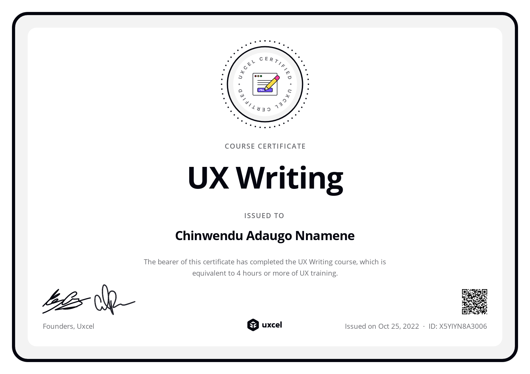 Chinwendu Adaugo Nnamene's certificate